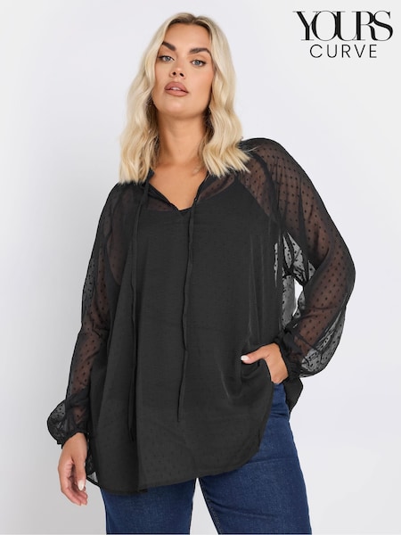 Yours Curve Black Tie Neck Dobby Blouse (AC5259) | €46