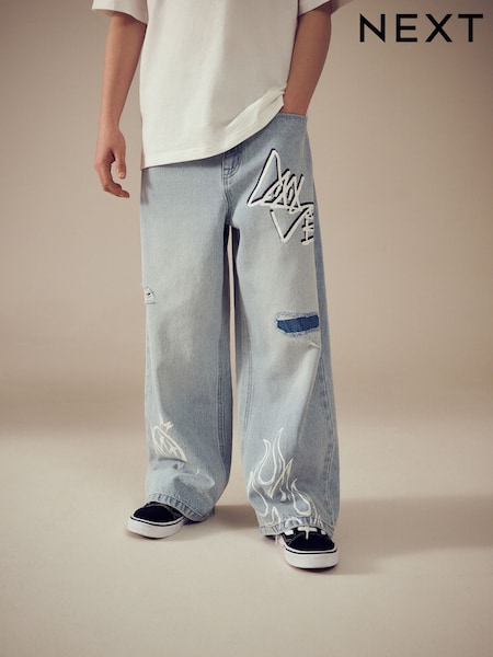 Bleach Distressed Super-wide Fit 100% Cotton Graffiti Denim Jeans (3-16yrs) (AC5536) | €26 - €34