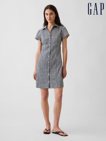 Navy Check - Gap Empire Elasticated Waist Mini Shirt Dress