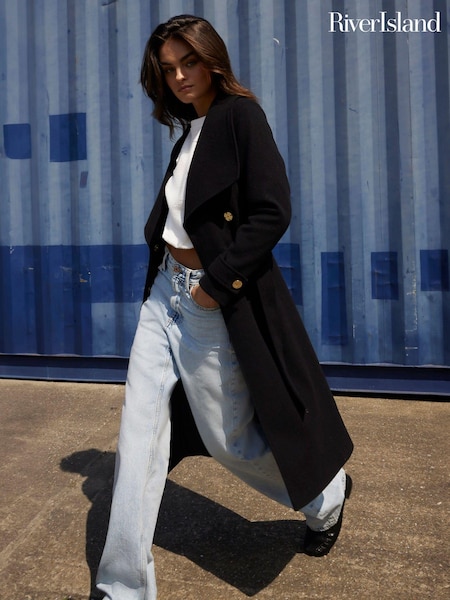 River Island Black Faux Wool Belted Wrap Coat (AC5921) | €80
