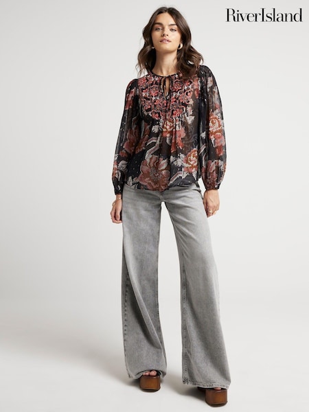 River Island Black Floral Print Smock Top (AC5945) | AED157