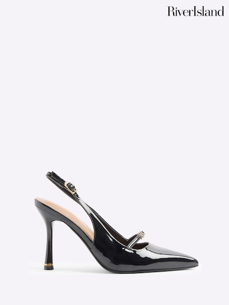 River Island Black Strap Sling Back Heeled Court Shoes (AC5946) | 99 QAR