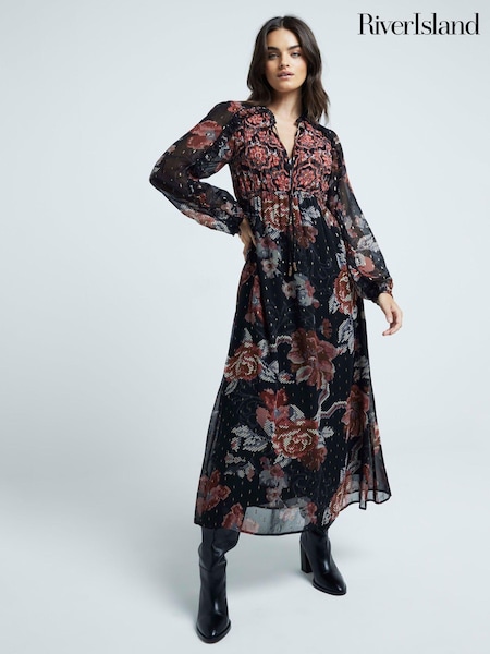 River Island Smock Floral Print 100% Cotton Midi Dress (AC5951) | €38