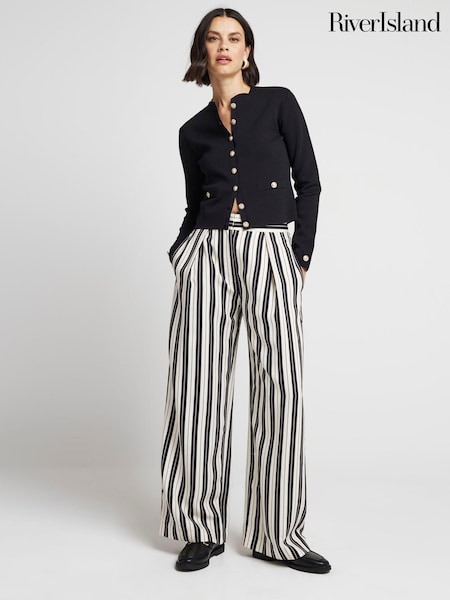 River Island Black Stripe Wide Leg Pleated Tailored Trousers (AC5952) | AED116