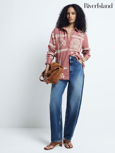 River Island Pink Patchwork Cut Out Lace 100% Cotton Shirt (AC5957) | €27