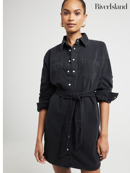 River Island Black Mini Belted Denim 100% Cotton Shirt Dress (AC5966) | $102