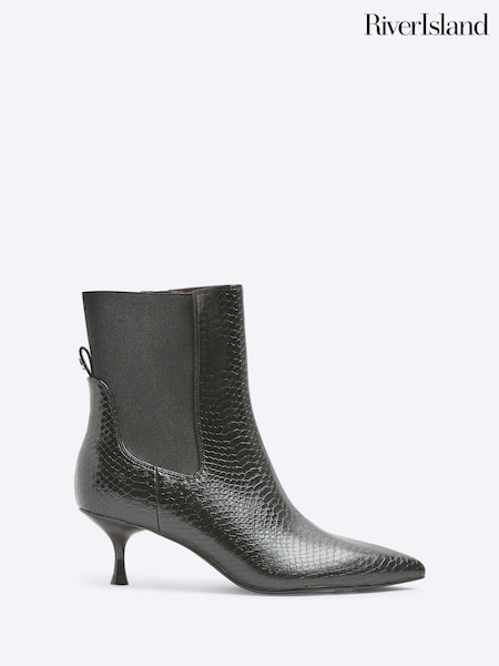 River Island Black Croc Effect Kitten Heel Ankle Boots (AC5973) | 109 QAR