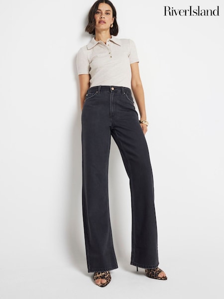 Черный - River Island High Waisted Relaxed Straight 100% Cotton Jeans (AC6018) | €61