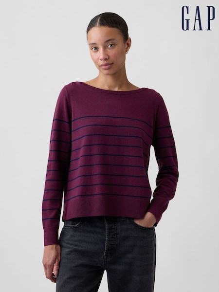 Burgundy Red Stripe - Gap Relaxed Jersey Boatneck Jumper