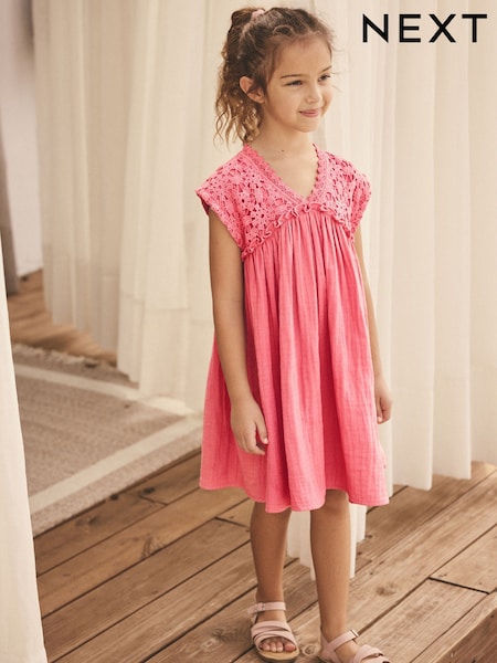 Pink Crochet Trim Summer Dress (3-16yrs) (AC6211) | R$ 195 - R$ 255