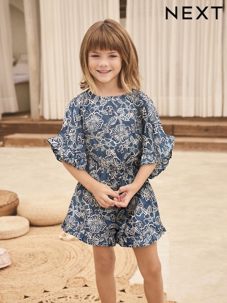 أزرق Woodblock - Printed Frill 100% Cotton Playsuit (3-16yrs) (AC6216) | ‏76 د.إ.‏ - ‏ 102‏ د.إ.