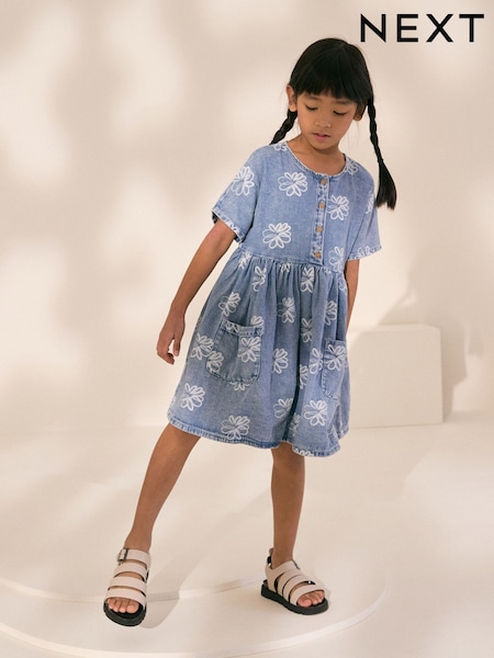 Blue Denim Flower Print Button Dress (3-16yrs) (AC6219) | R$ 145 - R$ 195