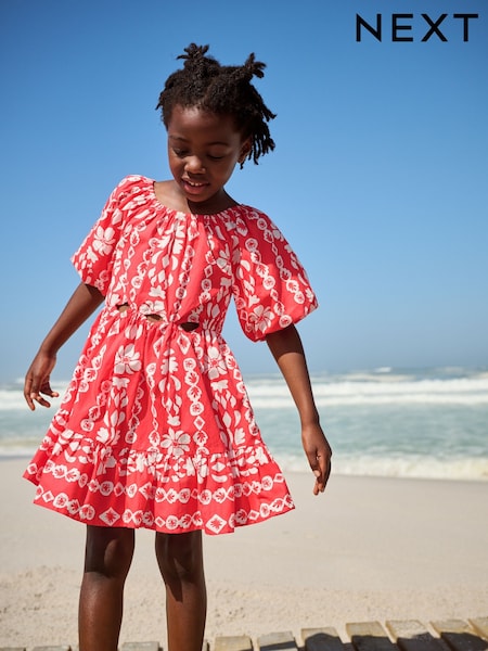 Red Printed 100% Cotton Cut-Out Dress (3-16yrs) (AC6223) | €28 - €35