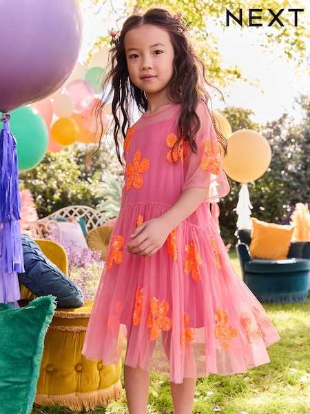 Pink/Orange Flower Sequin Mesh Party Dress (3-16yrs) (AC6248) | €36 - €44
