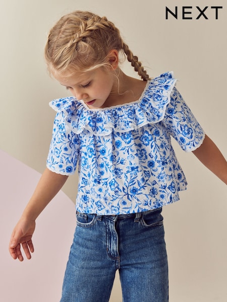 Blue Floral Printed Ruffle 100% Cotton Blouse (3-16yrs) (AC6269) | $33 - $44