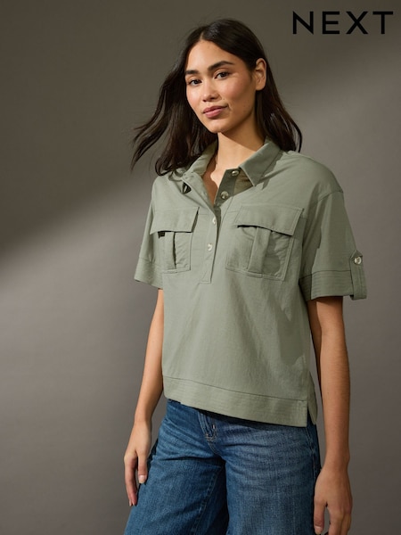 Khaki Green Short Sleeve Boxy Pocket Shirt (AC6294) | 1,237 UAH