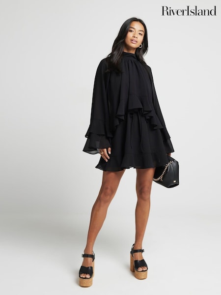 River Island Black Mini Petite Layered Ruffle 100% Cotton Dress (AC6317) | €37