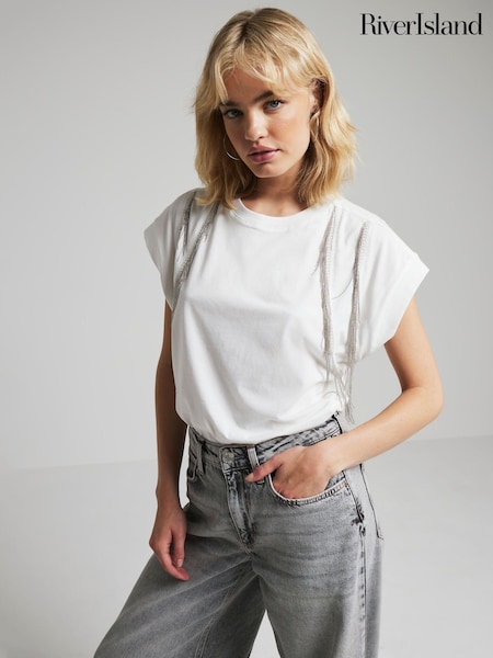 River Island White Chain Fringe 100% Cotton T-Shirt (AC6319) | €20