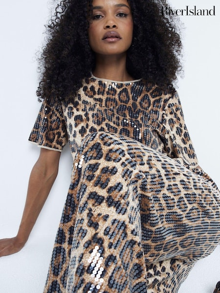 River Island Brown Leopard Print Sequin Trousers (AC6328) | 145 QAR