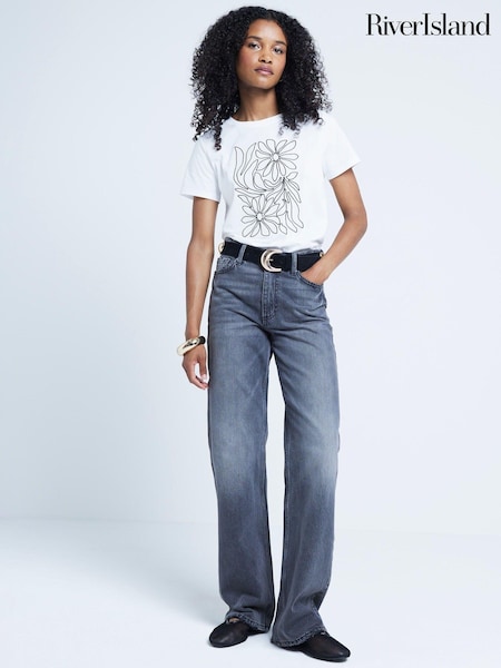 River Island White Floral Embroidery T-Shirt (AC6331) | €11