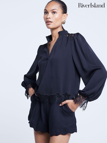 River Island Black Lace Insert Blouse (AC6333) | ₪181