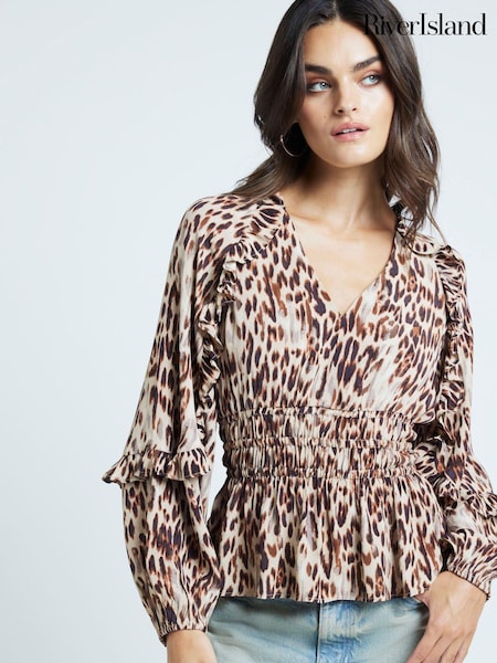 River Island Brown Leopard Print Frill 100% Cotton Top (AC6338) | €27