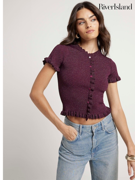 River Island Burgundy Red Burgundy Frill Knitted T-Shirt (AC6339) | AED73