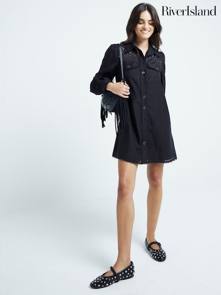 River Island Black Studded Cutwork Mini Shirt Dress (AC6340) | €46