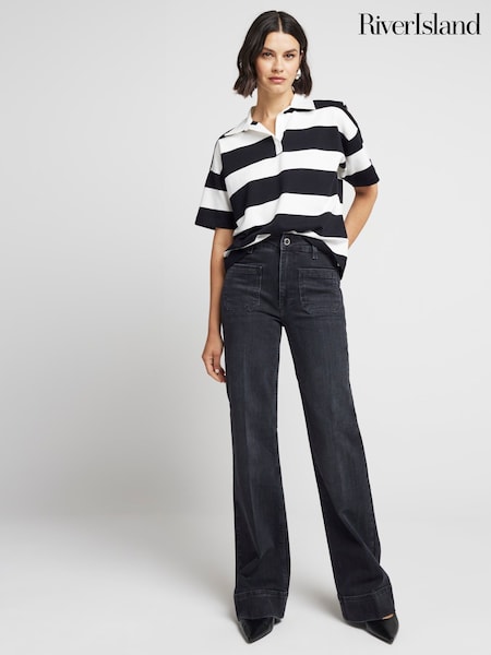 River Island Black High Waisted Pocket Front Wide Leg Jeans (AC6349) | €79