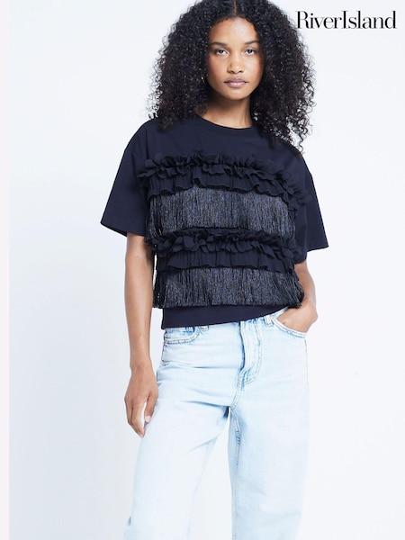 River Island Black Embellished 3D Floral T-Shirt (AC6356) | AED102