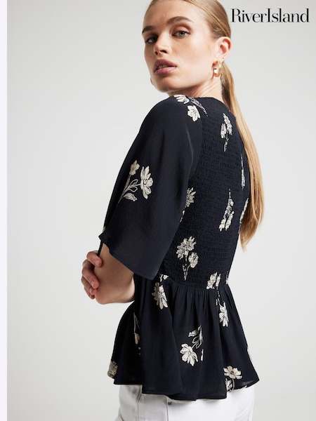 River Island Floral Print Shirred Peplum Top (AC6372) | €55