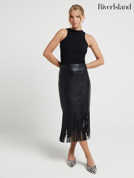 River Island Black Assymentric Fringe Pencil Skirt (AC6373) | €48
