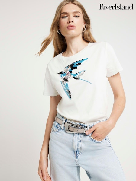 River Island White Embellished Bird Detail 100% Cotton T-Shirt (AC6384) | AED75