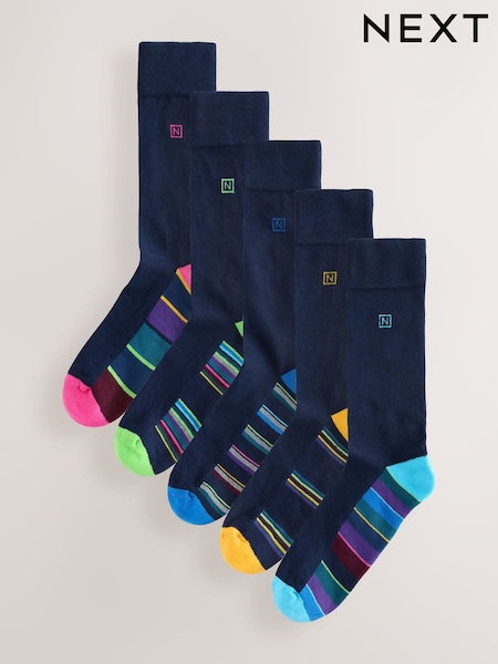 Navy Blue Stripe 5 Pack Cushioned Sole Comfort Socks (AC6449) | €21