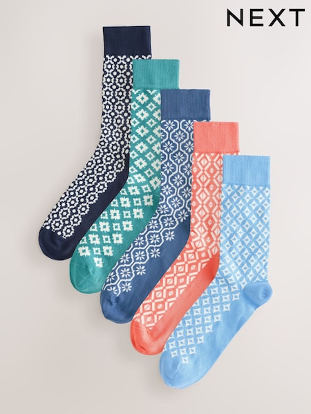 Blue/Orange/Green Tile Pattern Socks 5 Pack (AC6459) | 69 QAR