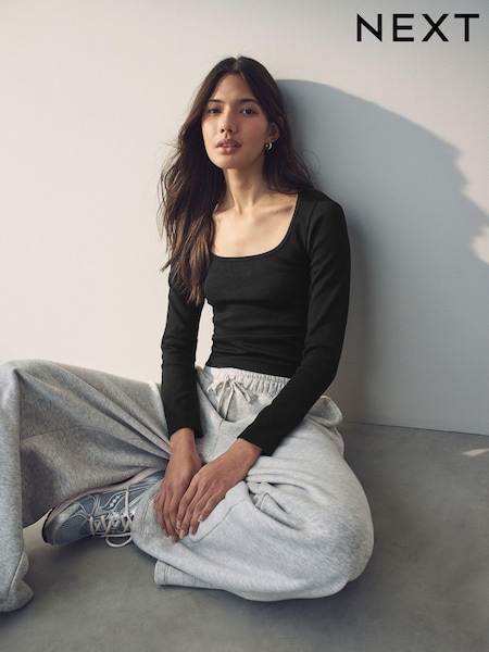 Musta - Scoop Ribbed Pitkä hiha Top (AC6523) | €28
