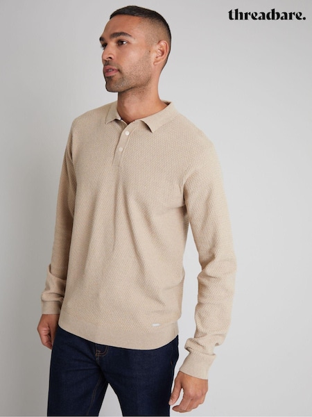Threadbare Neutral Long Sleeve Textured Knitted Polo Shirt (AC6567) | $55