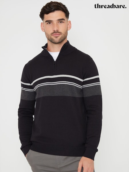 Threadbare Black Colourblock Quarter Zip Knitted 100% Cotton Jumper (AC6573) | R$ 300