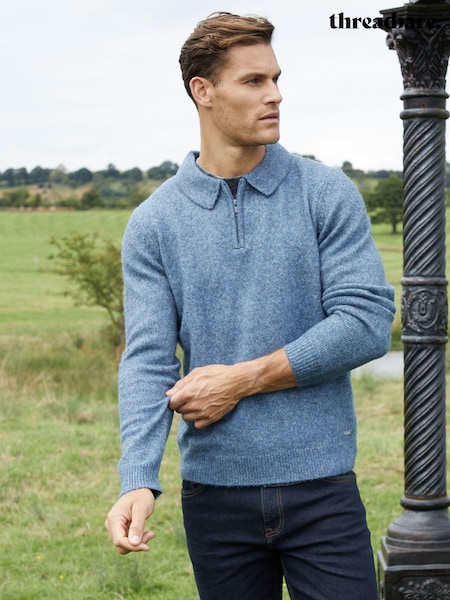 Albastru - Threadbare Mânecă lungă Quarter Zip Polo Pulover (AC6607) | 135 LEI
