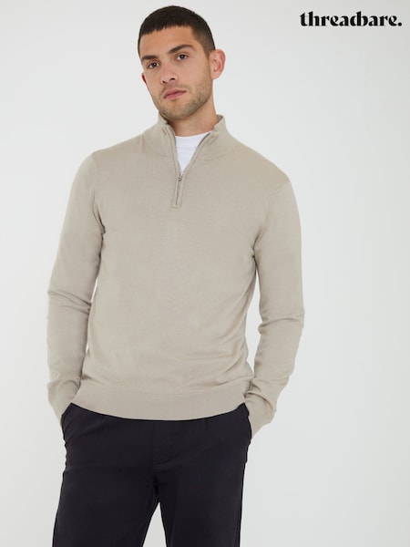 Threadbare Light Brown Funnel Quarter Zip Knitted Jumper (AC6623) | €34