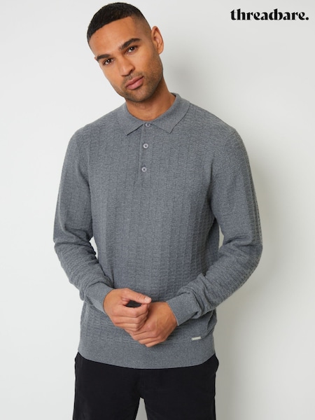 Threadbare Grey Long Sleeve Textured Knit Polo Collar Jumper (AC6630) | AED79