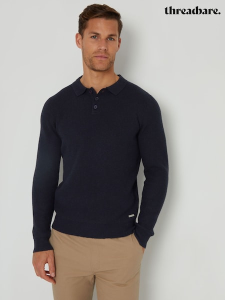 Threadbare Blue Knitted Long Sleeve Polo Jumper (AC6642) | €40