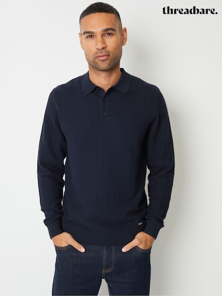 Threadbare Navy Blue Long Sleeve Textured Knit Polo Collar Jumper (AC6652) | €34