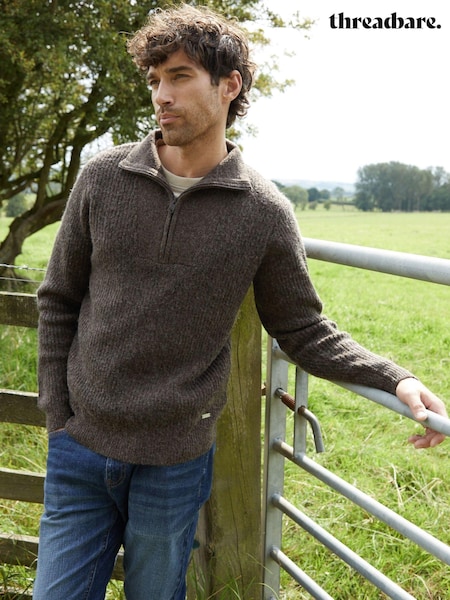Threadbare Chcolate Quarter Zip Knitted Jumper (AC6659) | €51