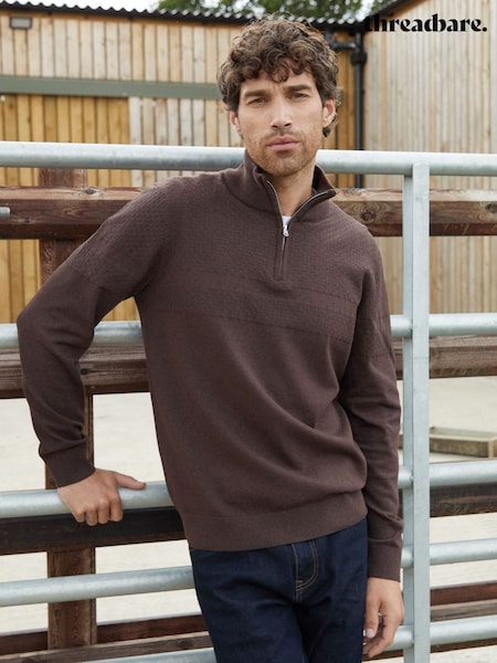 Threadbare Chocolate Brown Long Sleeve Textured Knitted Quarter Zip Jumper (AC6700) | R$ 280