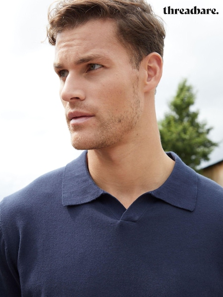 Threadbare Navy Blue Trophy Neck Knitted Long Sleeve Polo Jumper (AC6737) | R$ 280