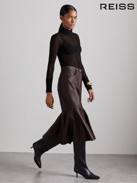 בורדו - Reiss Luella Atelier Leather Fluted Midi Skirt (AC6805) | ‏1,986‏₪