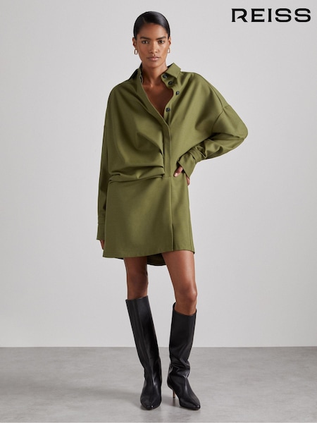 Reiss Khaki Mila Atelier Draped Shirt Dress with Wool (AC6806) | €573