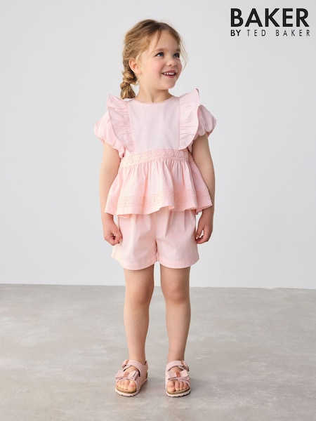 Baker by Ted Baker Pink Woven Frill Peplum 100% Cotton Top and Shorts Set (AC6856) | €46 - €53