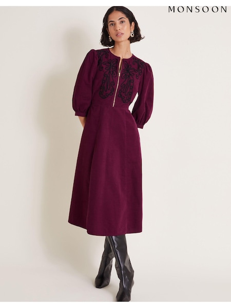 Monsoon Burgundy Red Kaia Embroidered Corduroy 100% Cotton Midi Dress (AC6871) | €50